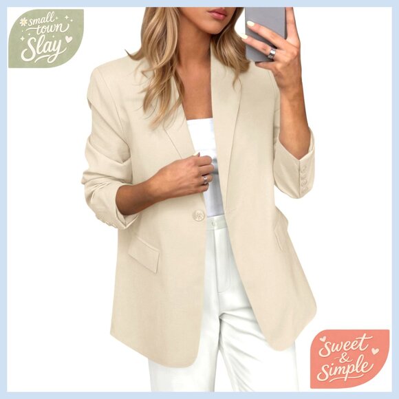 Jackets & Blazers - Long Sleeve Open Front Blazer, Business Casual Office Jacket, Standard Fit